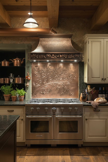 Copper Tree Branches Backsplash Closer Front Direct View Ultra-Luxury Rustic Kitchen