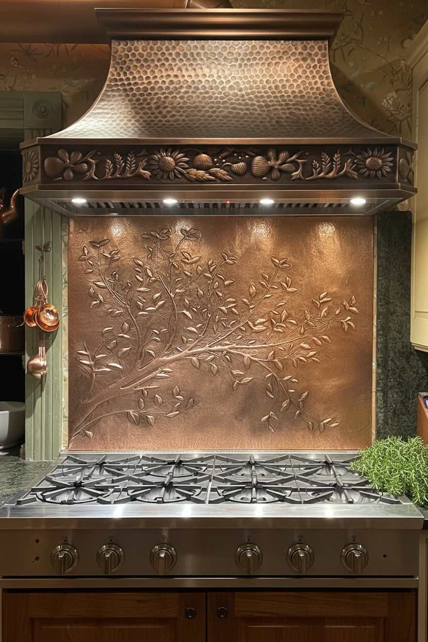 Copper Tree Branches Backsplash Closest Front Direct View Perfectly Centered