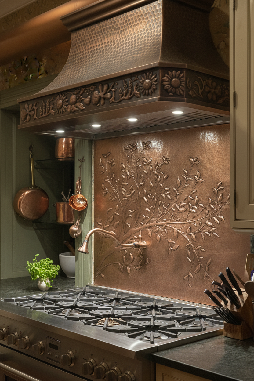 Copper Tree Branches Backsplash Closest Front Slight Angled Left View