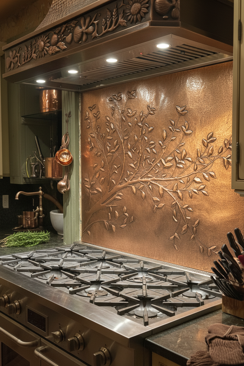 Copper Tree Branches Backsplash Closest Front Slight Angled Right View