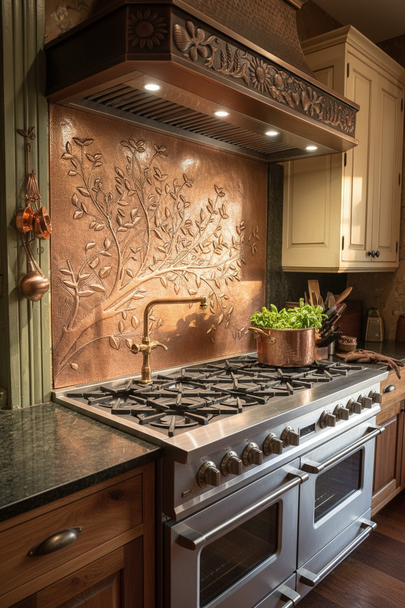 Copper Tree Branches Backsplash Large Panel EVEN CLOSER Angled Right View Handmade Kitchen Wall Art Ultra Luxury Rustic Farmhouse Kitchen Stove Backsplash