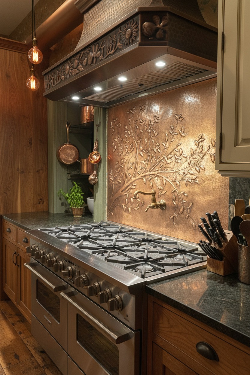 Copper Tree Branches Backsplash Large Panel EVEN CLOSER Slight Angled Left View Handmade Kitchen Wall Art Ultra Luxury Rustic Farmhouse Kitchen Stove Backsplash