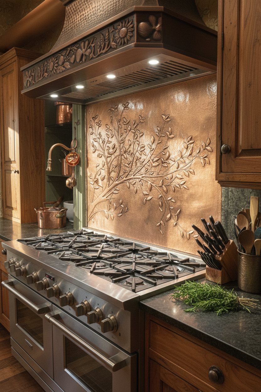 Copper Tree Branches Backsplash Large Panel EVEN CLOSER Slight Angled Right View Handmade Kitchen Wall Art Ultra Luxury Rustic Farmhouse Kitchen Stove Backsplash