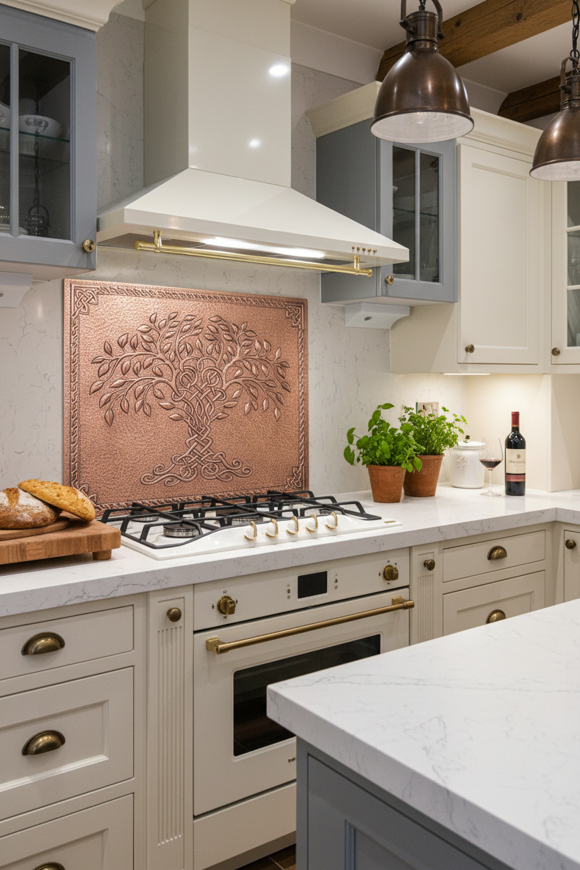 Copper Tree of Life Backsplash Close Angled Right View Ultra-Luxury Transitional Kitchen