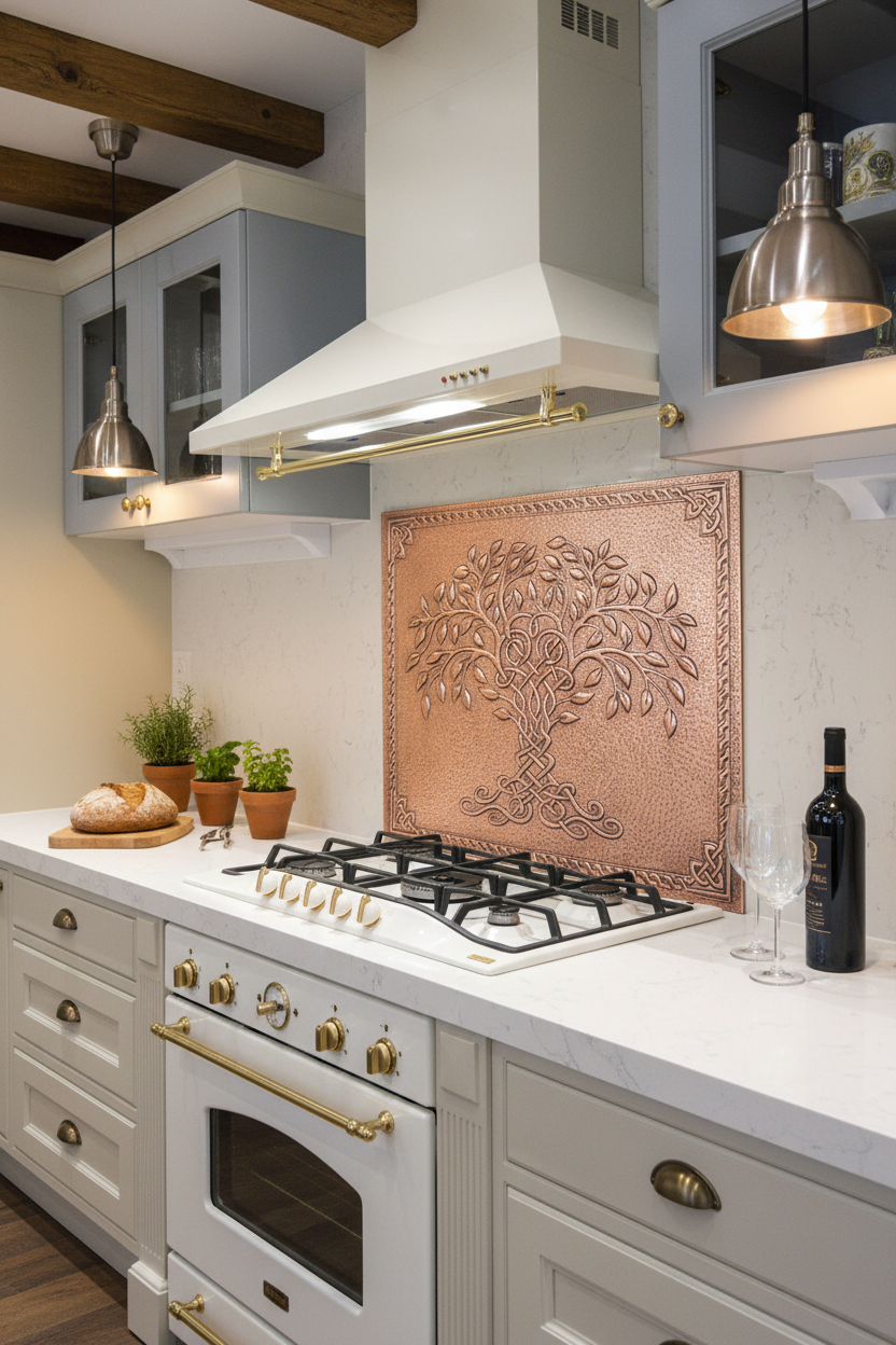 Copper Tree of Life Backsplash Close Angled View Ultra-Luxury Transitional Kitchen