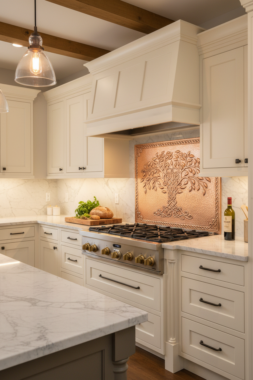 Copper Tree of Life Backsplash Close Full Panel View Angled Left Ultra-Luxury Transitional Kitchen