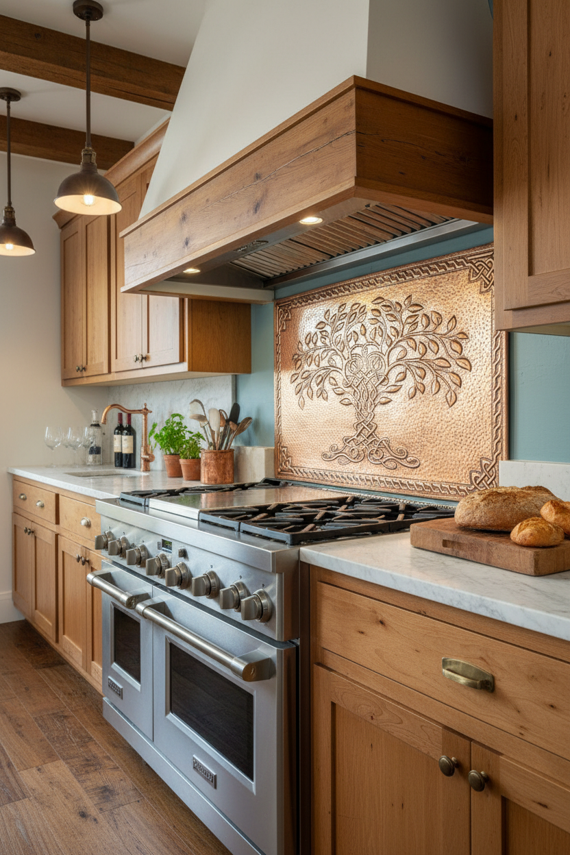 Copper Tree of Life Backsplash Close Full Panel View Angled Right Ultra-Luxury Farmhouse Kitchen