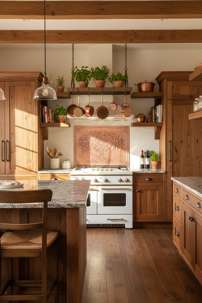 Copper Tree of Life Backsplash Close Wide Front View Ultra-Luxury Rustic Farmhouse Kitchen