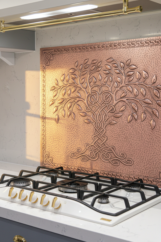 Copper Tree of Life Backsplash CLOSER View Perfect Realistic Ultra-Luxury Kitchen