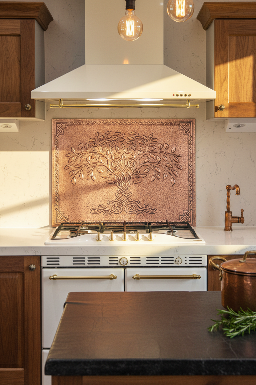 Copper Tree of Life Backsplash Closest Front Direct View Ultra-Luxury Rustic Celtic Kitchen