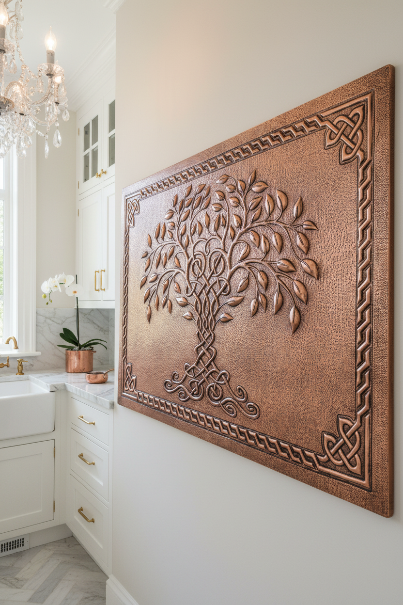 Copper Tree of Life Backsplash Large Panel EXTREMELY CLOSE Angled Left View Handmade Kitchen Wall Art Ultra Luxury Upscale High End Designer Kitchen Stove Backsplash