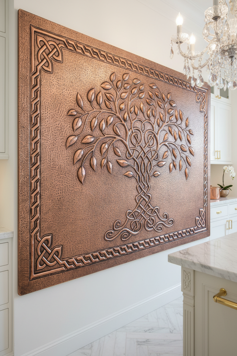 Copper Tree of Life Backsplash Large Panel EXTREMELY CLOSE Angled Right View Handmade Kitchen Wall Art Ultra Luxury Upscale High End Designer Kitchen Stove Backsplash