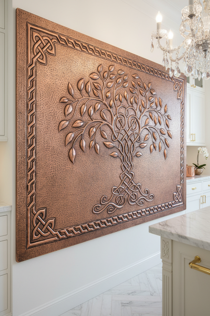 Copper Tree of Life Backsplash Large Panel EXTREMELY CLOSE Angled Right View Handmade Kitchen Wall Art Ultra Luxury Upscale High End Designer Kitchen Stove Backsplash