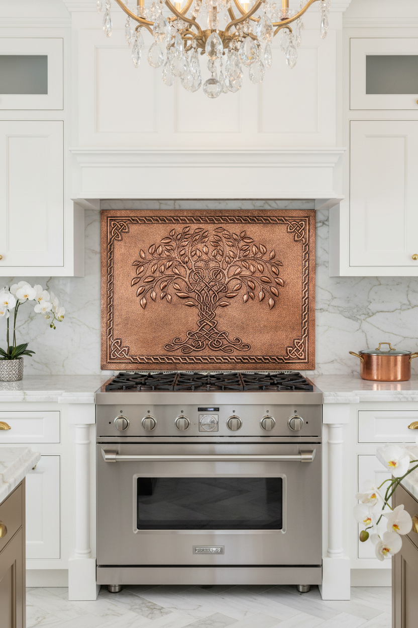 Copper Tree of Life Backsplash Large Panel EXTREMELY CLOSE Front Direct View Handmade Kitchen Wall Art Ultra Luxury Upscale High End Designer Kitchen Stove Backsplash