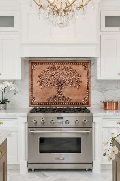 Copper Tree of Life Backsplash Large Panel EXTREMELY CLOSE Front Direct View Handmade Kitchen Wall Art Ultra Luxury Upscale High End Designer Kitchen Stove Backsplash