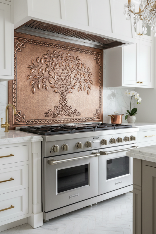 Copper Tree of Life Backsplash Large Panel EXTREMELY CLOSE Slight Angled Left View Handmade Kitchen Wall Art Ultra Luxury Upscale High End Designer Kitchen Stove Backsplash