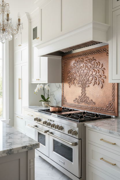 Copper Tree of Life Backsplash Large Panel EXTREMELY CLOSE Slight Angled Right View Handmade Kitchen Wall Art Ultra Luxury Upscale High End Designer Kitchen Stove Backsplash