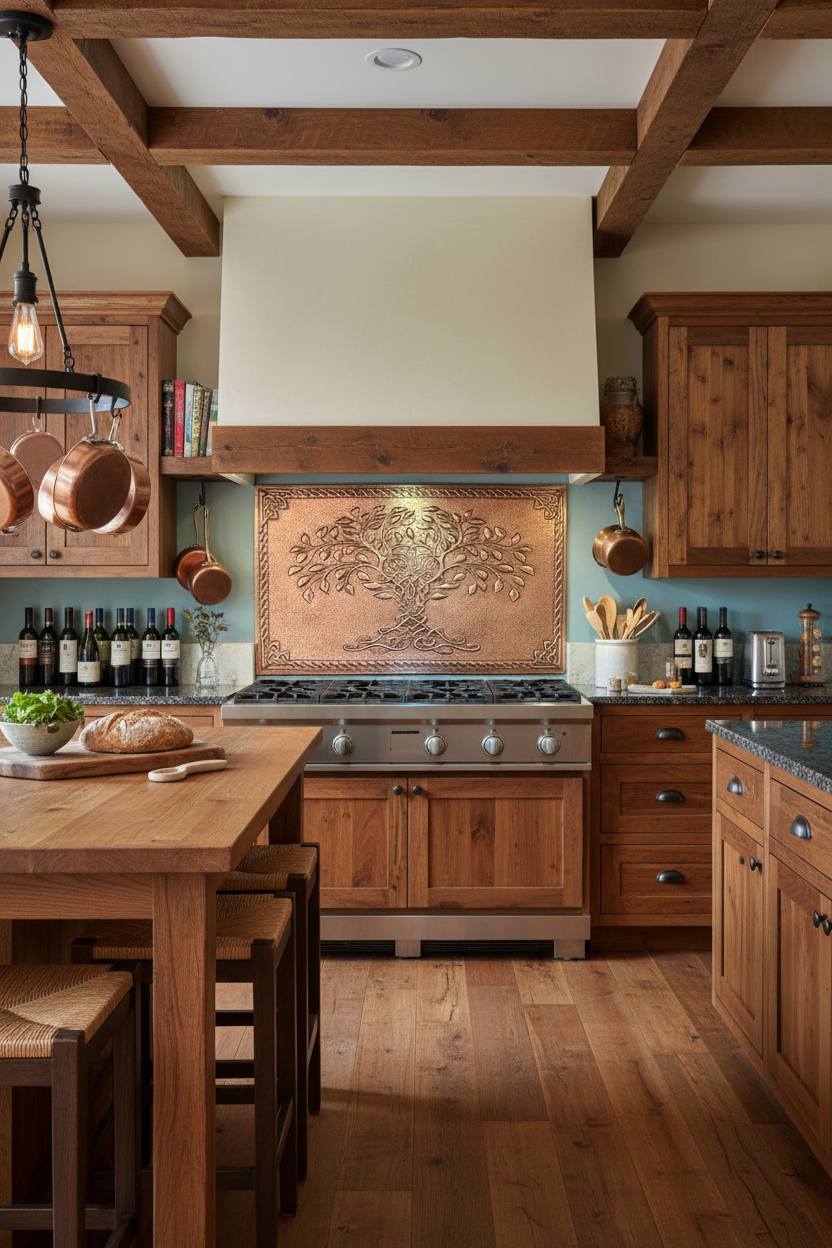 Copper Tree of Life Backsplash Wide Full Panel View Ultra-Luxury Rustic Farmhouse Kitchen