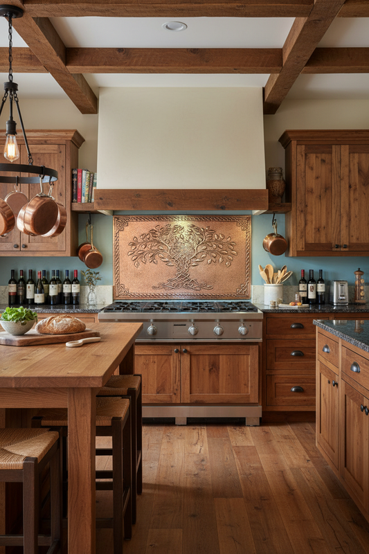 Copper Tree of Life Backsplash Wide Full Panel View Ultra-Luxury Rustic Farmhouse Kitchen