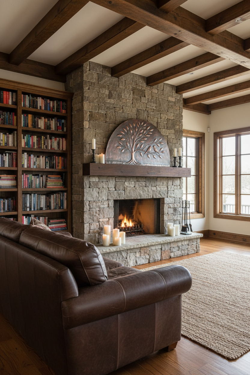 Copper Tree Wall Art Panel - installed above fireplace in rustic living room