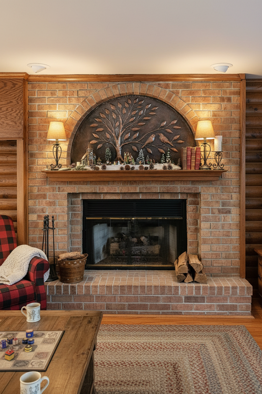 Copper tree wall panel in cozy cabin living room with warm evening lighting
