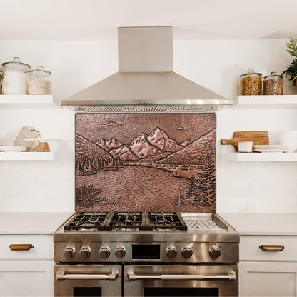 Rocky Mountains & Lake Landscape Copper Backsplash – Handcrafted Copper Kitchen Tile, Custom Mountain Scene Wall Art - Natuross