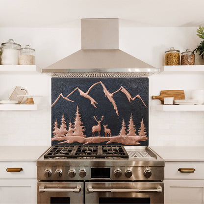 Copper Backsplash Panel (Mountain Behind the Deer in the Forest, Black&Copper Color)