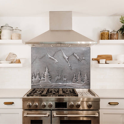 Copper Backsplash Panel (Mountain Behind the Deer in the Forest, Silver Color)