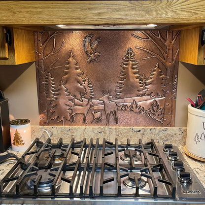 Copper Backsplash Panel (Eagle, Pine and Oak Trees and Deer Family Forest Landscape)