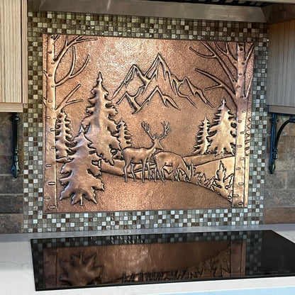 Copper Backsplash Panel (Mountains, Pine Trees and Deer Landscape) - Natuross