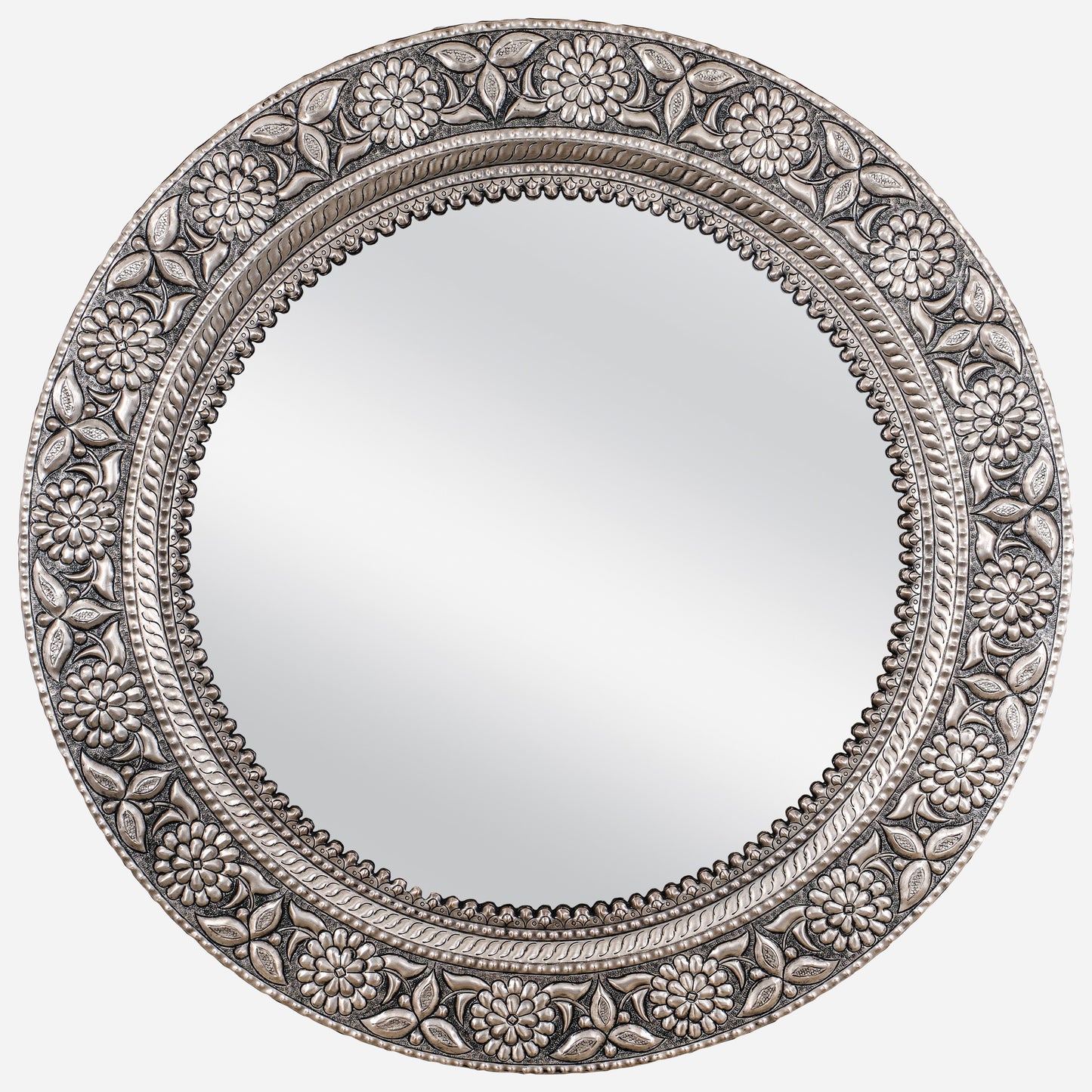 Copper Wall Mirror (Round, Flowers, Silver Color)