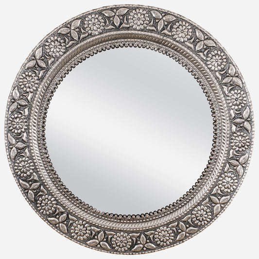 Copper Wall Mirror (Round, Flowers, Silver Color)