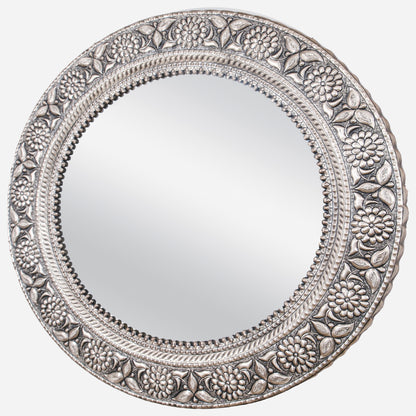 Copper Wall Mirror (Round, Flowers, Silver Color)