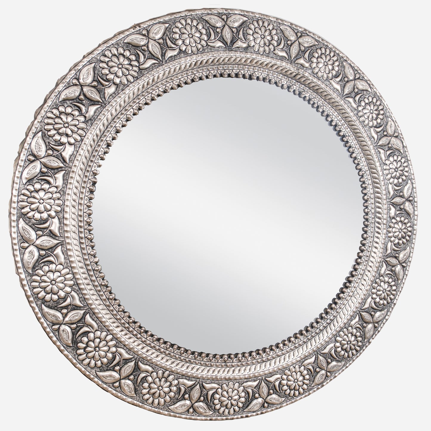 Copper Wall Mirror (Round, Flowers, Silver Color)