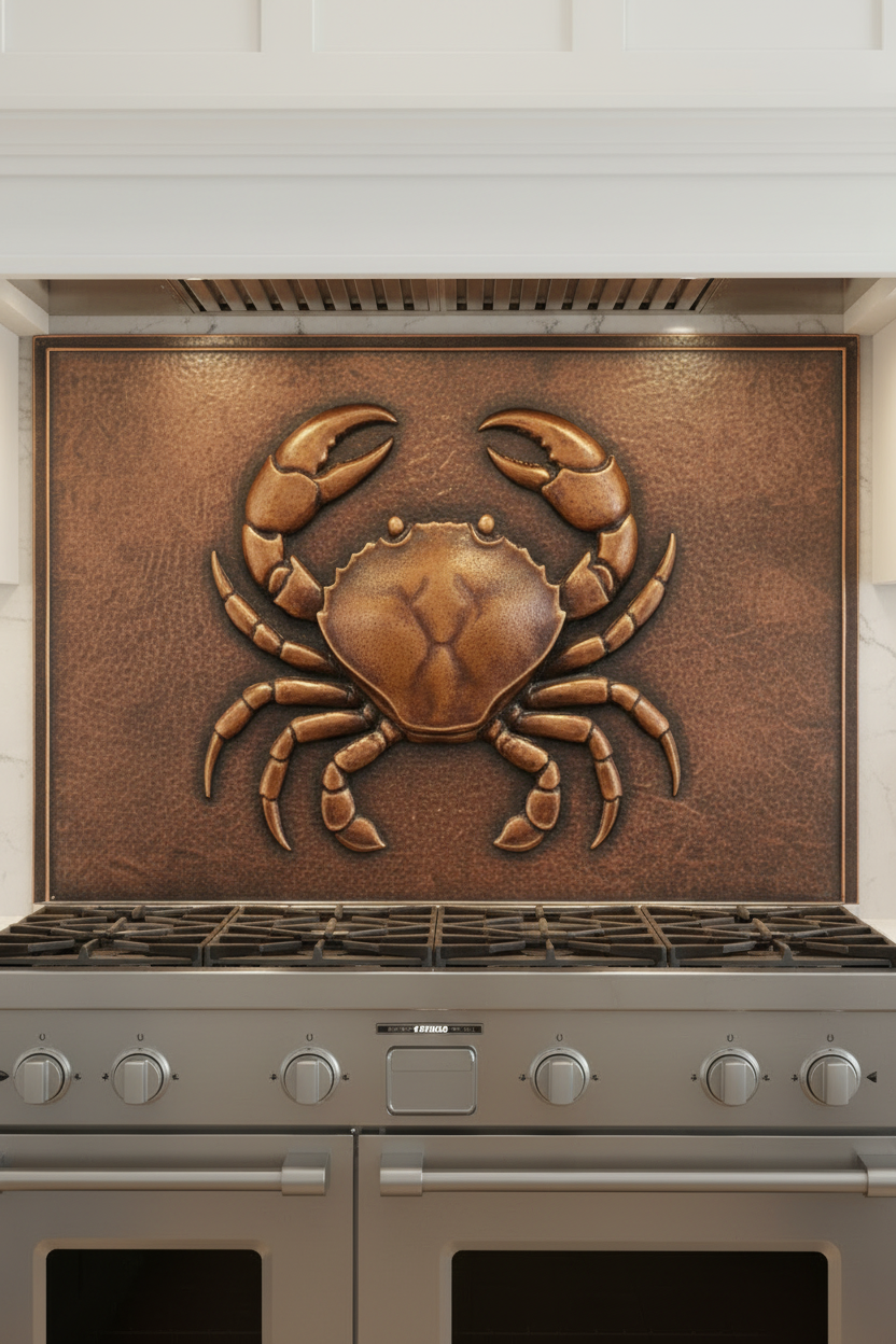 Crab Relief Backsplash Panel - 52x36 inch handmade metal copper panel close-up