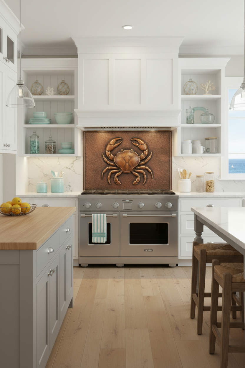 Crab Relief Metal Backsplash - 48x36 inch in beach cottage kitchen