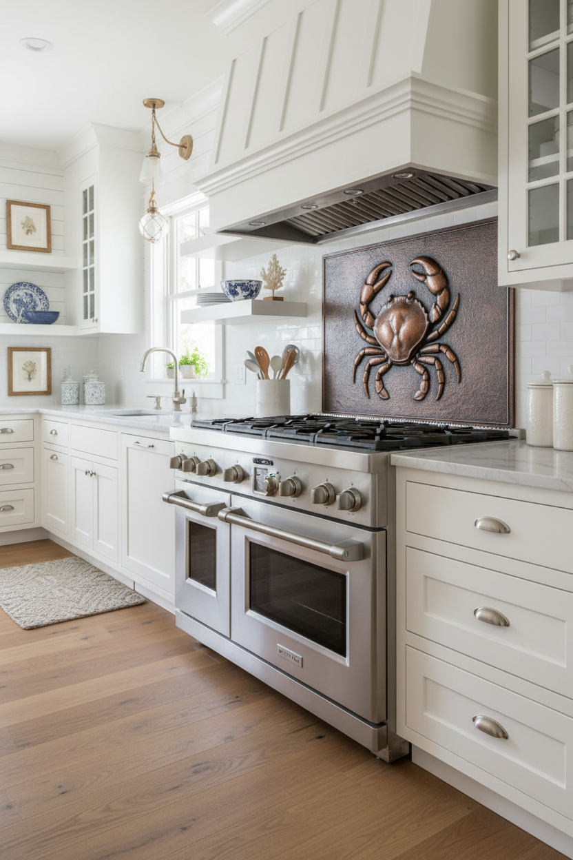 Crab Relief Panel - 38x38 inch handmade metal backsplash copper