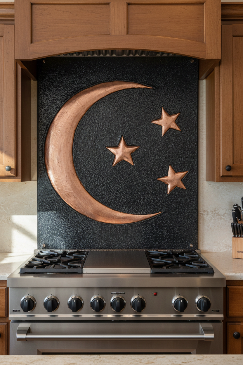 Crescent Moon Stars Copper Backsplash - close-up front view