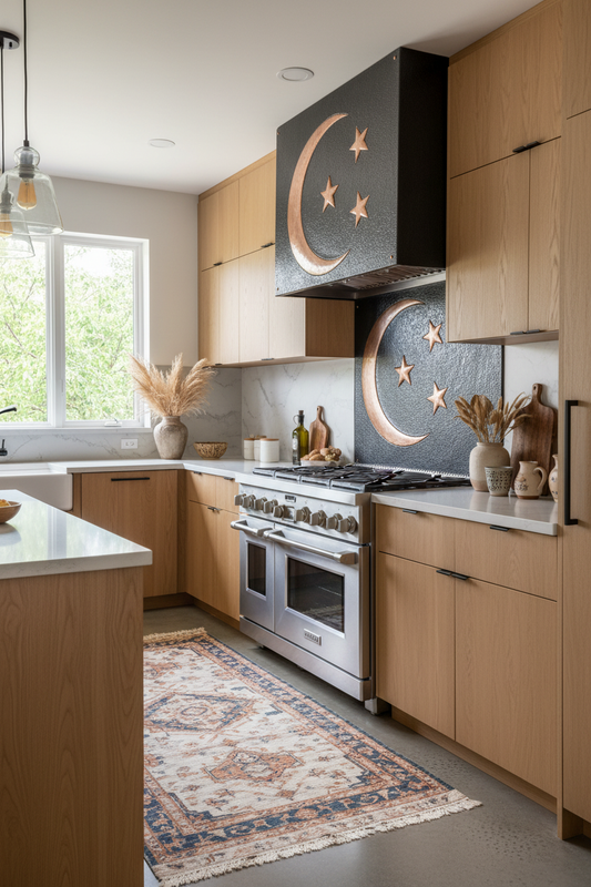 Crescent Moon Stars Copper Backsplash - contemporary bohemian kitchen