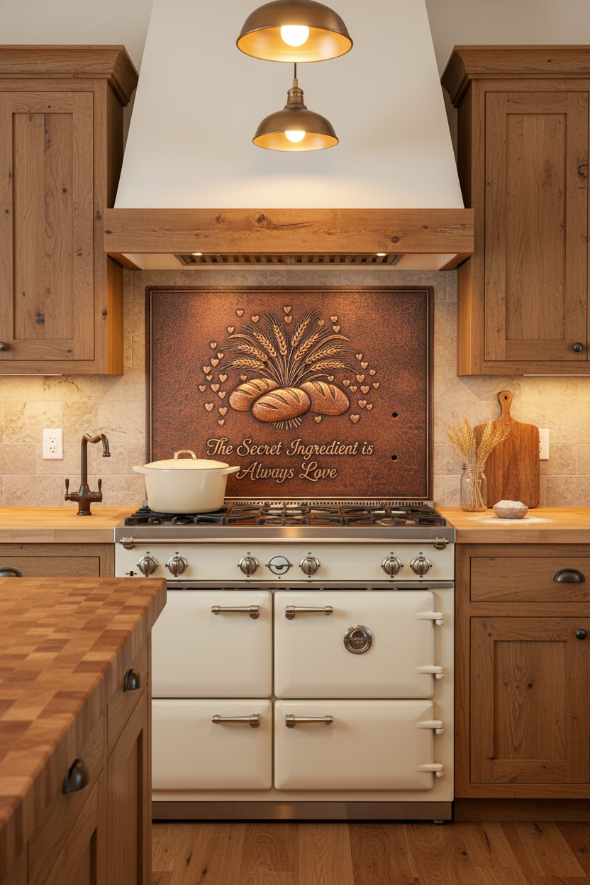 Custom Quote Copper Backsplash "The Secret Ingredient is Always Love" in Rustic Farmhouse Kitchen