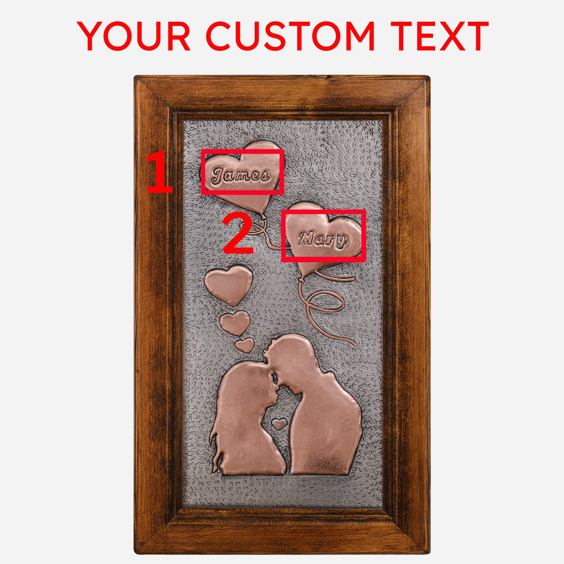 Valentine's Day Gift Framed Copper Artwork (Personalized, Hearts and Couple Silhouette, Gray&Copper Color) - Natuross