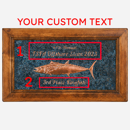 Fishing Award Trophy (Personalized, Wooden Framed Copper Artwork, Kingfish, Blue Patina) - Natuross