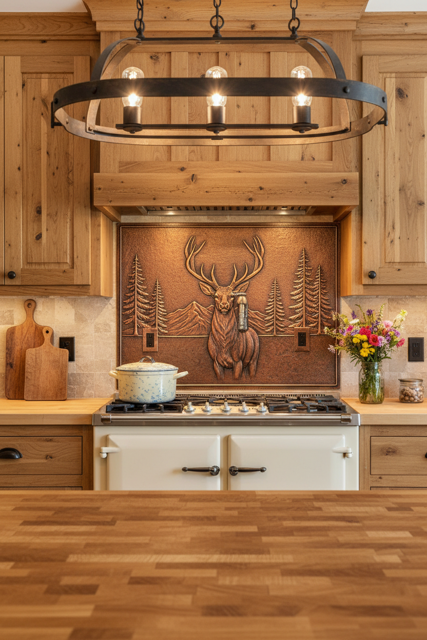 Deer in Forest Copper Backsplash Panel in Warm Rustic Farmhouse Kitchen with Wood Cabinets