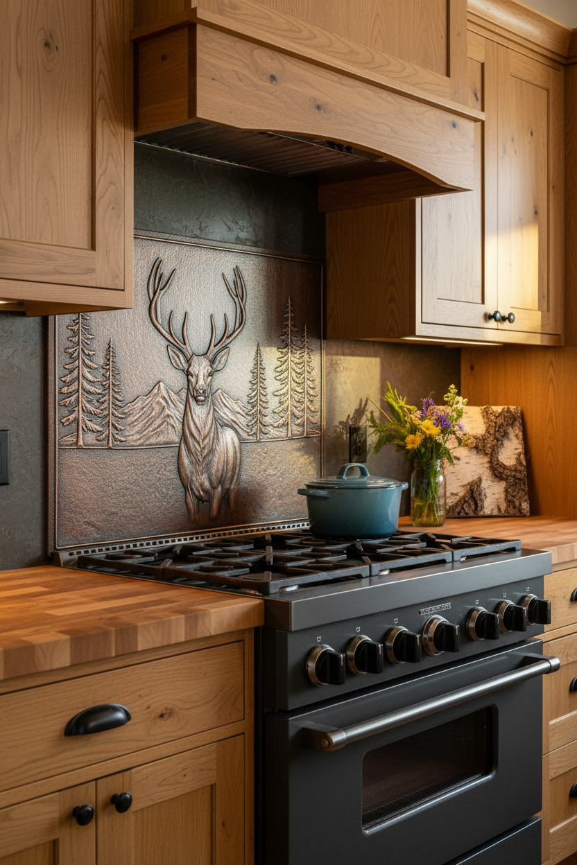 Deer in Forest Copper Kitchen Backsplash in Authentic Wilderness Cabin with Butcher Block Counters