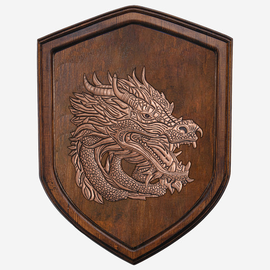 Copper Dragon Head on Wood Plaque