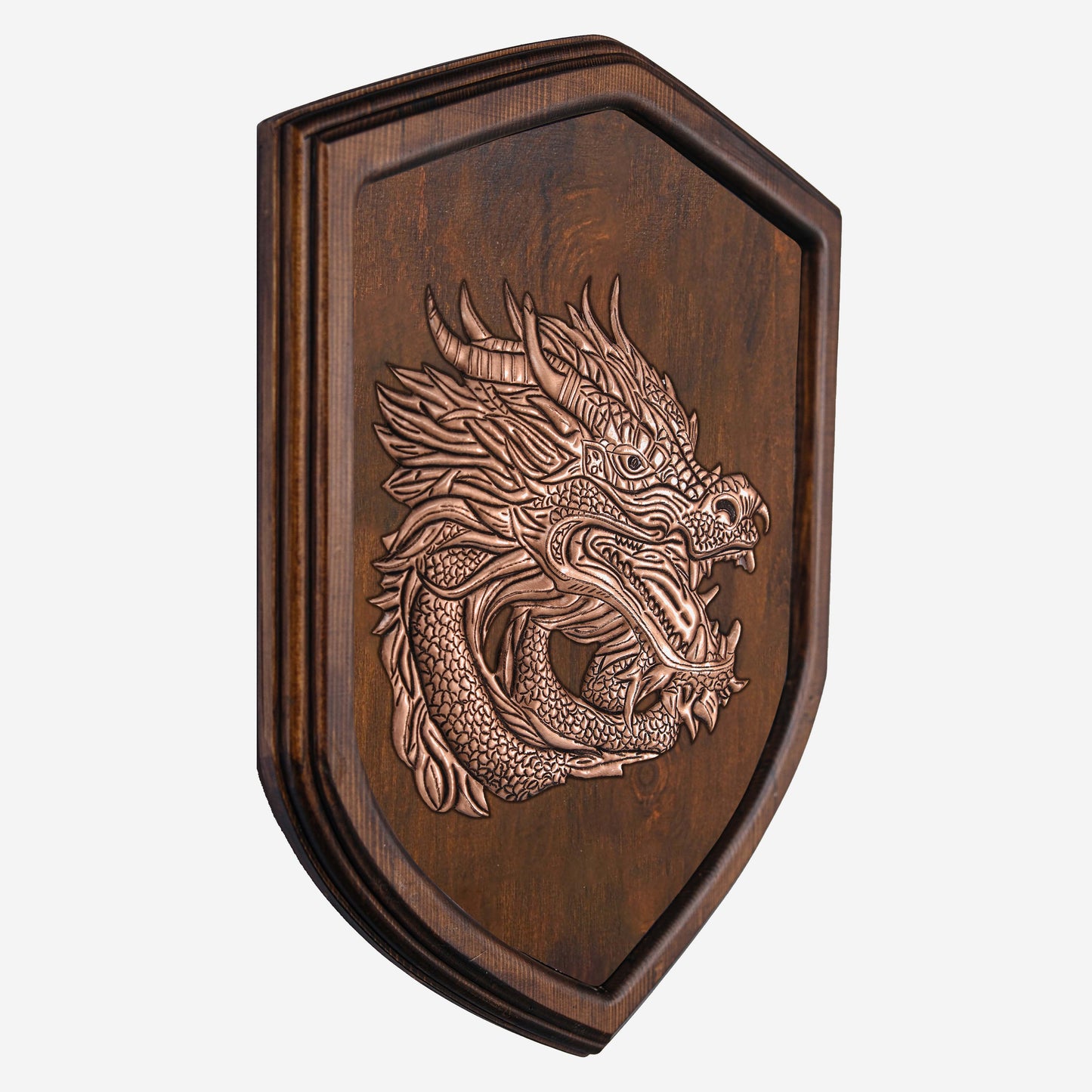Copper Dragon Head on Wood Plaque