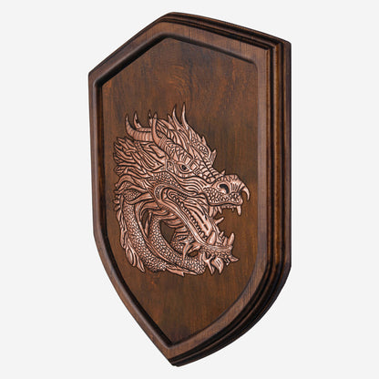 Copper Dragon Head on Wood Plaque