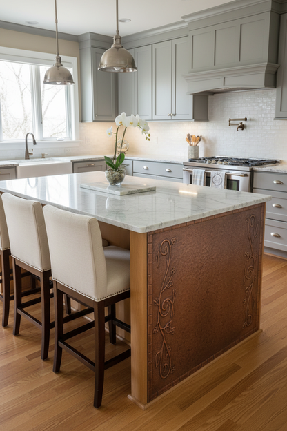 Elegant Copper Kitchen Island Panel in Traditional Kitchen with Gray Cabinets and White Marble