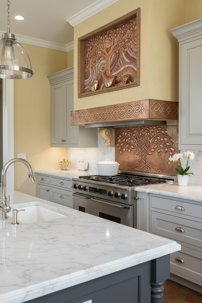 Elegant Copper Range Hood Panels 3-Piece Cladding in Traditional Kitchen with Gray Cabinets