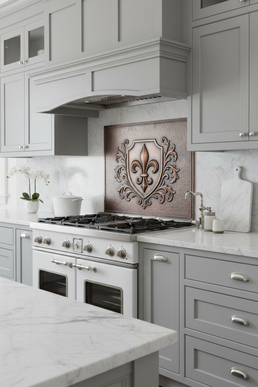 Elegant Fleur-de-Lis Copper Backsplash Panel in Traditional Kitchen with Gray Cabinets